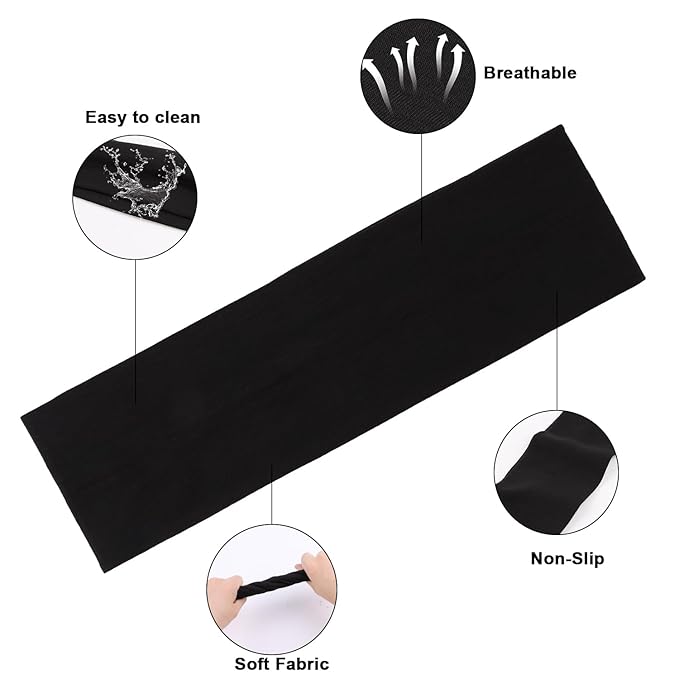 DERAYEE Headbands for Women, 6 Pcs Black Elastic Headbands Soft Fabric Non Slip Hair Bands for Women Yoga Sports Workout (9 x 2.5 Inch)