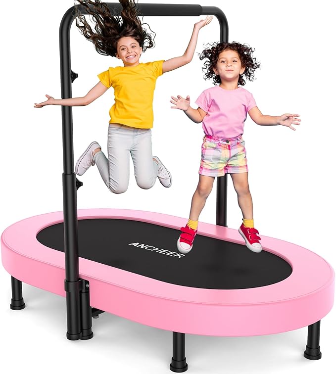 ANCHEER 56" Double Mini Trampoline for Kids, Mini Rebounder with 5-Level Adjustable Handle, Parent-Child Trampoline for Kids, Max Load 220lbs, Fun for Indoor/Outdoor