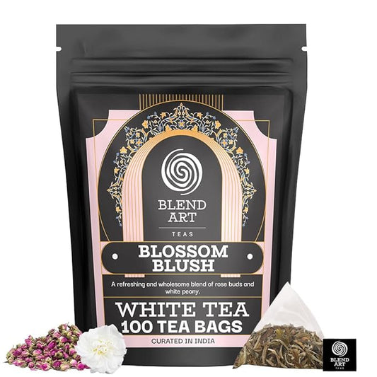 Blendart Blossom Blush Rose White Tea Bags Delicate Caffeinated Tea Made from Fresh Leaves. Natural Premium White Tea Bags -100 Pyramid Tea Bags