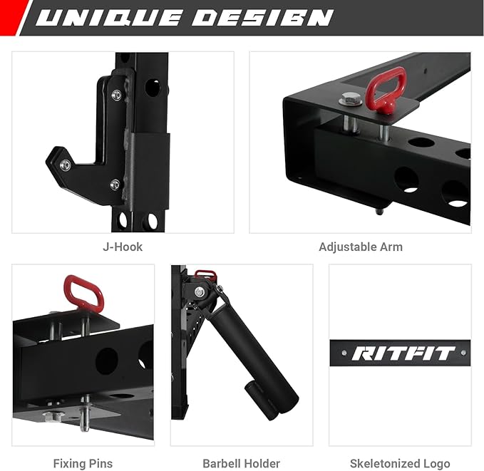 RitFit Multi-Functional Folding Squat Rack for Home Gym, 2.36'' x 2.36'' Wall Mounted Squat Rack with Attachments - Space Saving Squat Power Rack