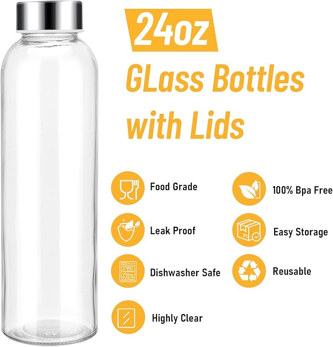 Sursip 24oz Glass Water Bottle Set of 10, Leak Proof Clear glass juice bottle for juicing, Reusable Drinking Bottles with Stainless Steel Lid, Beverage Storage Containers for Refrigerator-BPA Free