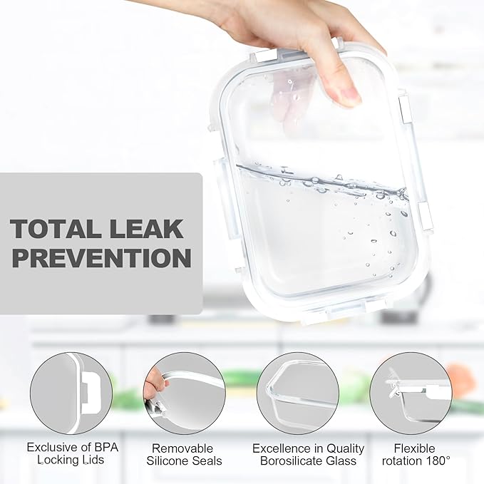 VERONES 10 Pack 22 OZ Glass Meal Prep Containers, Airtight Glass Lunch Containers Set,Glass Food Storage Containers with Lids,BPA Free, for Microwave, Oven, Freezer & Dishwasher Friendly,White