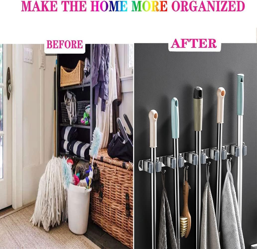 Mop and Broom Holder, 4 Positions 5 Hooks Heavy Duty Mop Hanger Wall Mounted Stainless Steel Organizer for Home Laundry Bathroom, Garage Storage Systems Utility Tools Rack