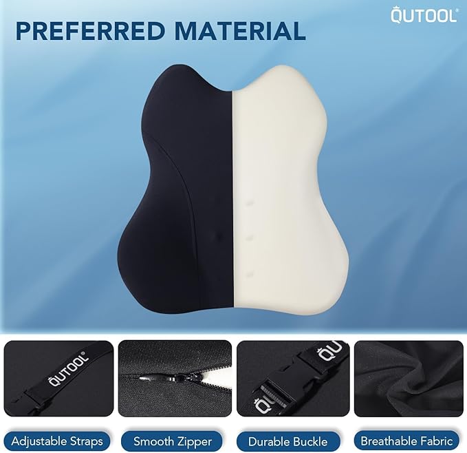 QUTOOL Lumbar Support Pillow for Car/Office Chair, Memory Foam Back Cushion for Car Seat, Back Pain Relief Adjustable Strap and Washable Cover, Lower Back Pillow Fits Most Cars, Trucks (Black)