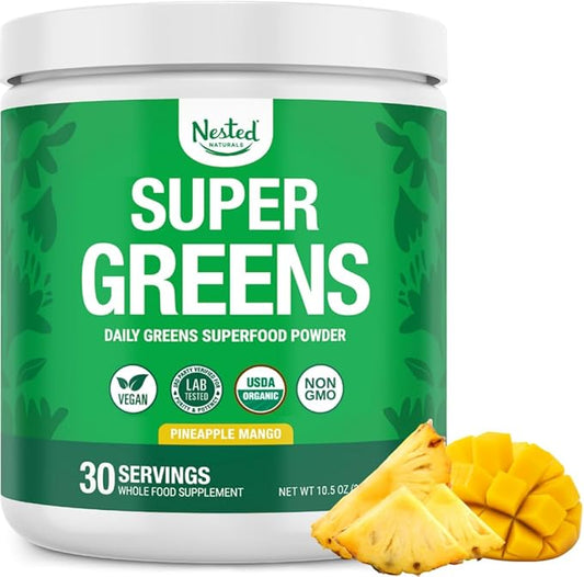 Super Greens Daily Greens Superfood Powder - Certified USDA Organic Green Powder w/20+ Whole Foods, Spirulina, Wheat & Barley Grass - Probiotics, Fiber & Enzymes - Pineapple Mango, 30 Servings