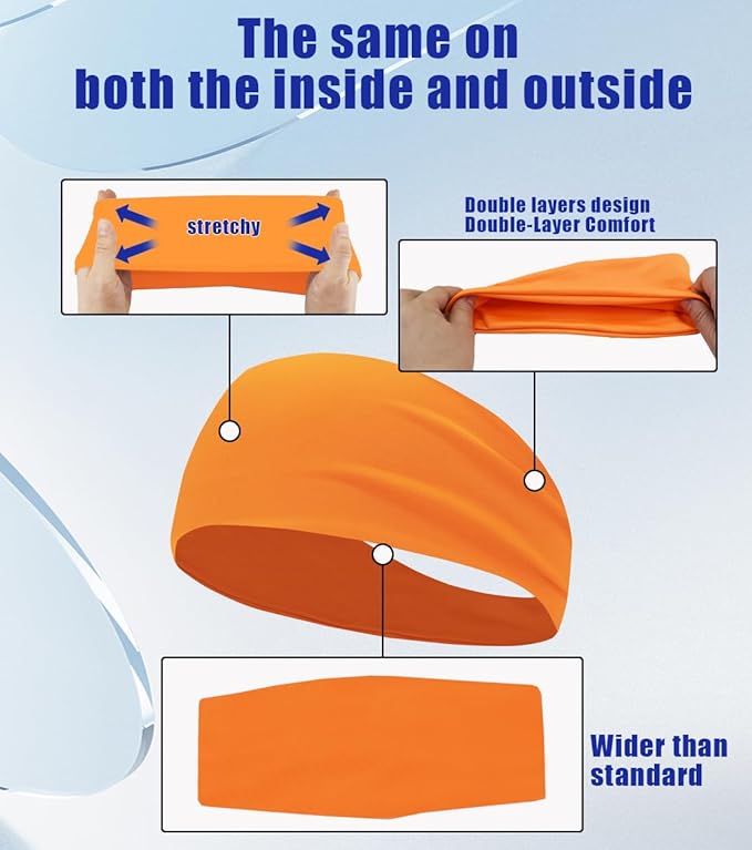 Sport Sweatbands for Men and Womem, 4 Pack, Double-Layer Workout Headbands, Sweat Wicking Hairbands for Fitness Running Football