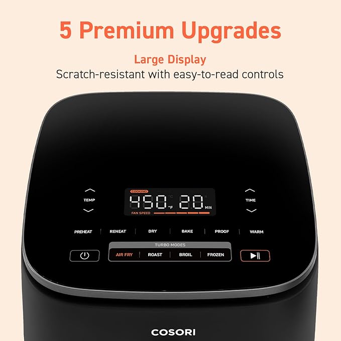 COSORI Air Fryer 9-in-1, Compact & Large 6-Qt, Fast Turbo Modes, 90โ450ยฐF Precise Heat for Even Results, Up to 95% Less Oil*, Roast, Bake, Dry, Reheat, Frozen, Broil, Proof, 120V, TurboBlaze, Ceramic