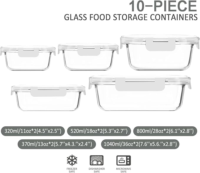 M MCIRCO 10-Pack Glass Food Storage Containers with Lids, Airtight Glass Lunch Bento Boxes, Meal Prep Containers, Microwave, Oven, Freezer and Dishwasher Friendly, White