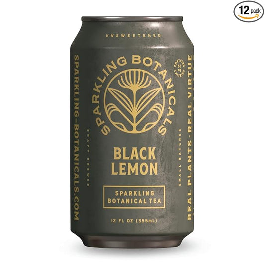 Rishi Tea Black Lemon Sparkling Botanicals Sparkling Water - Organic, Unsweetened, Zero Added Sugar, Caffeinated, Craft-Brewed From Real Plants - 12 oz (Pack of 12)