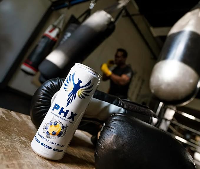 PHX Hydration Energy Drink - 700mg Electrolytes, 200mg Natural Green Tea Caffeine, 100% Daily Value 8 Essential Vitamins - 12 oz Cans (12 Pack) (12 Pack, Blueberry Lemonade)