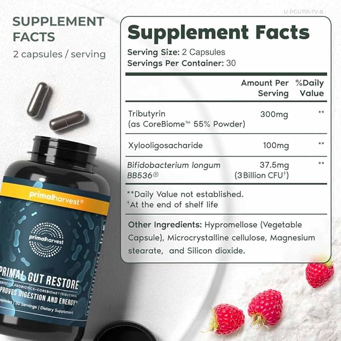 Primal Harvest 2 Pack, Restore for Gut Health, Primal Gut Restore w/POSTbiotics, PREbiotics and PRObiotics for Women and Men, 60 CT - Digestion, Colon Cleanse, Helps Leaky Gut Repair