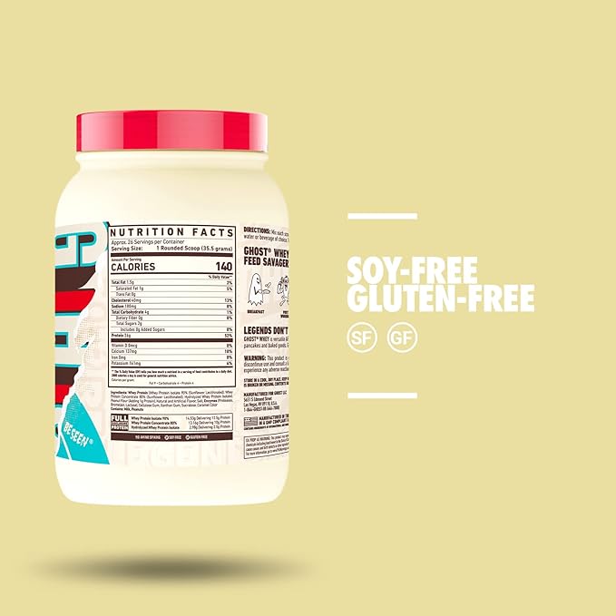 GHOST Whey Protein Powder, Peanut Butter Cereal Milk - 2LB, 26G of Protein - Whey Protein Blend - Post Workout Fitness & Nutrition Shakes, Smoothies, Baking & Cooking - Soy & Gluten-Free