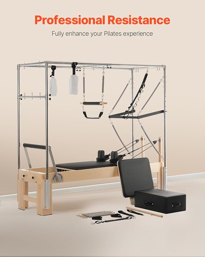 VEVOR Pilates Reformer Machine, Pilates Workout Equipment for Home Gym Studio Use, Pilates Bed with Dual Resistance- Spring & Cord, Reformer Set, Up to 400 LBS