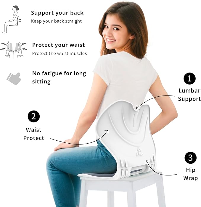 Foldable Lumbar Back Support Chair Ergonomic Curve for Posture Corrector Back Pain Relief Perfect for Floor Seat Officework Homework Small Size for Children Teenagers Youth (Greyblue)