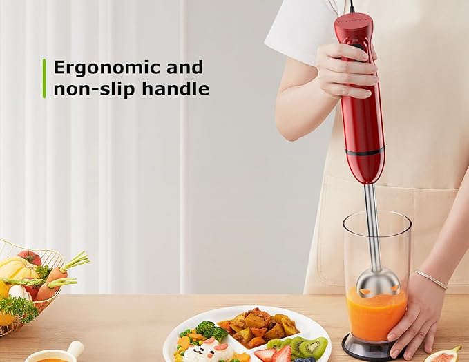Bonsenkitchen Hand Blender, Immersion Blender with 2 Mixing Speed, Portable Electric Handheld Stick Mixer with Stainless Steel Blades for Soup, Smoothie, Puree, Baby Food, Red