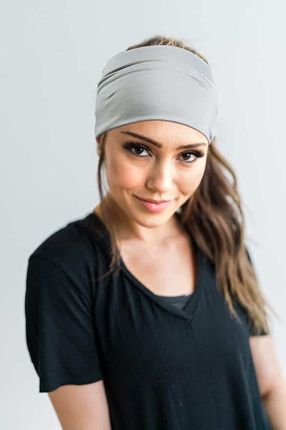 GILI 2 Pack Wide Headbands for Women Boho African Knotted Non Slip Fashion Hair Bands Yoga Running Sports Workout Gym Head Wraps Elastic Soft Cotton Cloth Turbans Bandana for Girls(Light Grey, Skin)