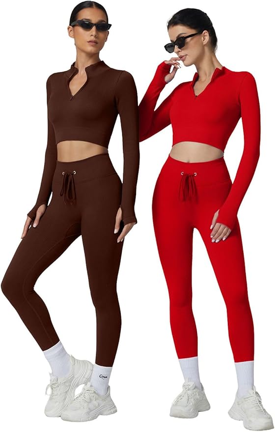 QINSEN Workout Sets for Women 2 Piece Seamless Long Sleeve Crop Tops Ribbed High Waist Leggings
