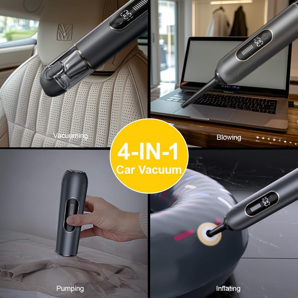 4-in-1 Handheld Cordless Car Vacuum – 19000PA, Brushless Motor, 2-in-1 Blow & Suction, Dual Modes, Type-C, Mini & Portable for Car, Home, Office, Keyboard Cleaning