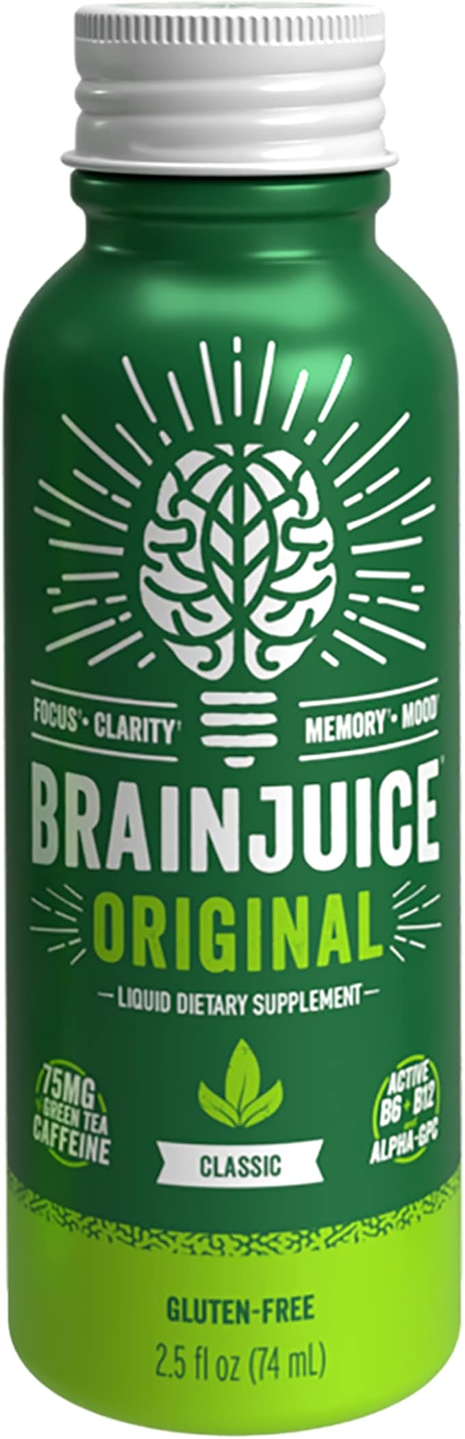 BrainJuice Focus & Energy Drink Shots, Nootropics with Alpha GPC, B Vitamins & Organic Green Tea Caffeine, Supports Focus, Memory & Clarity, Non-GMO, Gluten Free, Classic, 2.5 fl oz, 12 Pack