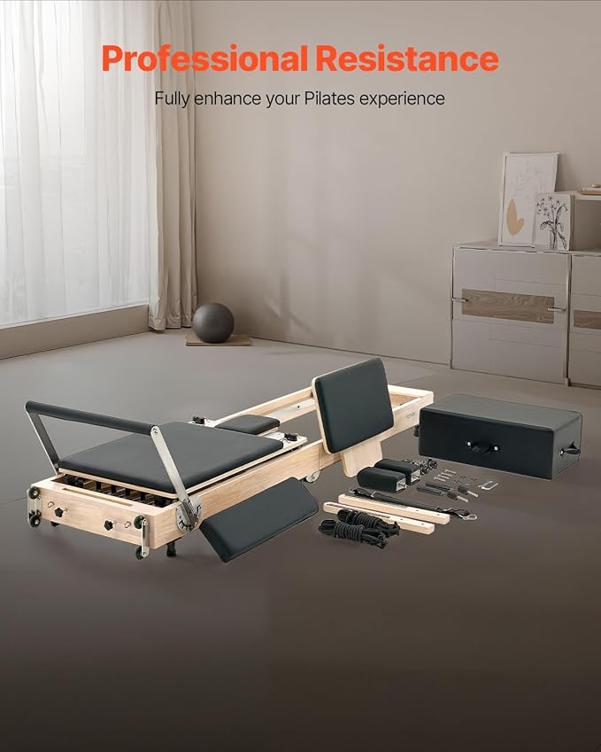 VEVOR Pilates Reformer Machine, Pilates Workout Equipment for Home Gym Studio Use, Pilates Bed with Dual Resistance- Spring & Cord, Reformer Set, Up to 400 LBS