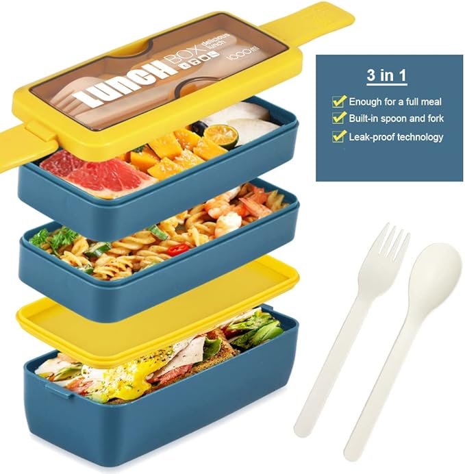 Iteryn Bento Box Lunch Box, 3-In-1 Compartment Containers - Wheat Straw, Leakproof Eco-Friendly Stackable Bento Lunch Box Meal Prep