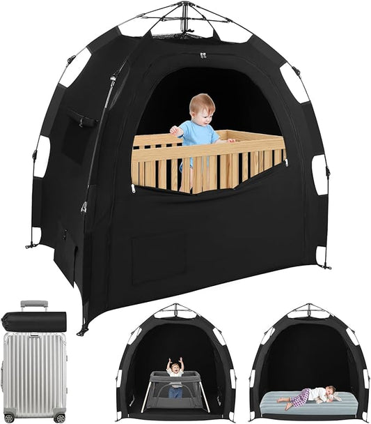 Blackout Tent for Pack N Play: Portable Baby Sleep Pod with 1-Click Setup, Mini Crib Cover with Monitor and Fan Pouches, Blocks 95% of Light, Travel Crib Canopy