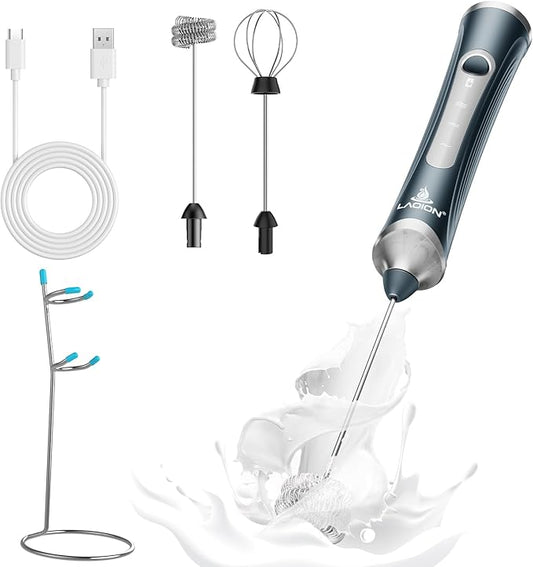 Rechargeable Frother Wand with Stand, Milk Frother with Detachable Stainless Steel Double Rings Whisk, 3-Speed Handheld Electric Drink Mixer for Lattes, Cappuccino, Coffee (Dark Blue)