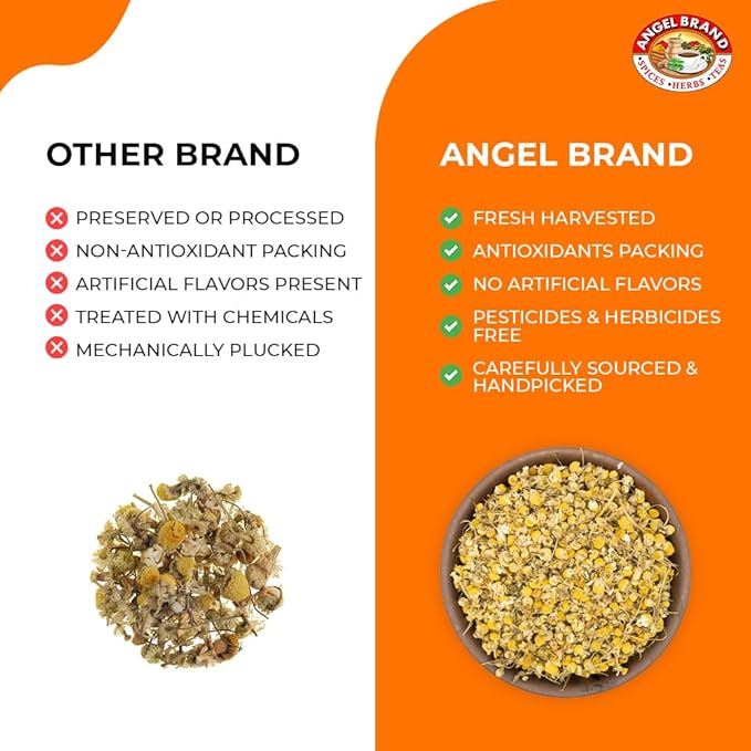 Angel Brand Dried Chamomile Flowers – 0.25 oz Pouch Pack of 3 – Premium Chamomile Flowers for Tea and Herbal Infusions.