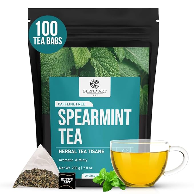 Spearmint Tea Bags 100 Count Herbal Tea Bags PCOS RELIEF Balances Hormones Support Digestion Refreshing Aromatic and Minty Gluten Free Caffeine Free Tea 100% Pure Spearmint leaves | Pyramid Tea bags