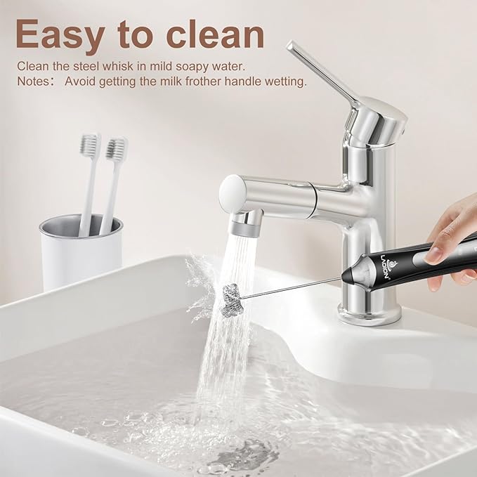 Rechargeable Frother Wand with Stand, Milk Frother with Detachable Stainless Steel Double Rings Whisk, 3-Speed Handheld Electric Drink Mixer for Lattes, Cappuccino, Coffee