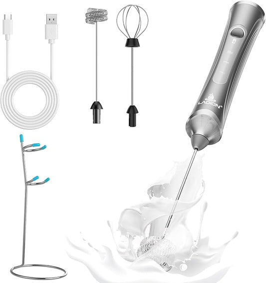 Rechargeable Frother Wand with Stand, Milk Frother with Detachable Stainless Steel Double Rings Whisk, 3-Speed Handheld Electric Drink Mixer for Lattes, Cappuccino, Coffee (Space Gray)