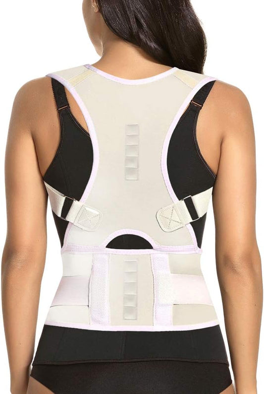 Thoracic Back Brace Posture Corrector - Magnetic Support for Neck Shoulder Upper and Lower Back Pain Relief - Perfect Posture Brace for Cervical Lumbar Spine - Fully Adjustable Belt (Beige, Medium)