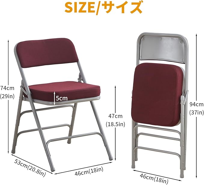 BOOSDEN Padded Folding Chair 2 Pack, Foldable Chair with Thick Cushion, Heavy Duty Metal Folding Chair for Outdoor & Indoor & Dining & Party, Red