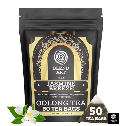 Blendart Jasmine Oolong Tea bags 50 Count | Oolong tea bags for weight loss | Premium High Mountain Oolong Tea leaves | Naturally Caffeinated Tea | Flower Scented Tea | Pyramid Tea bags