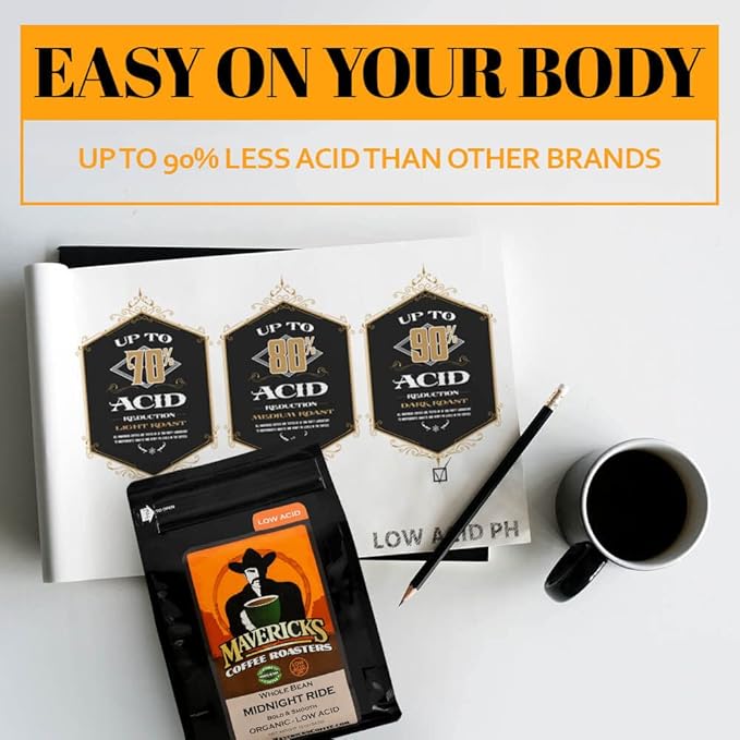 Mavericks Low Acid Coffee - Midnight Ride Blend - Organic and Non-GM0 (Coffee Ground) 16 oz - Bold and Smooth Dark Roast with 90% Less Acid - Safe for GERD and Keto Diets