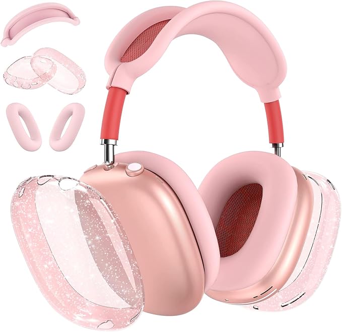 for AirPods Max Case Clear Pink Glitter,3 in 1 Clear Soft TPU Ear Cups Case Cover/Ear Pad Case Cover/Headband Cover for Airpods Max Case Cover,Case for AirPod Max Headphone Accessories-Pink