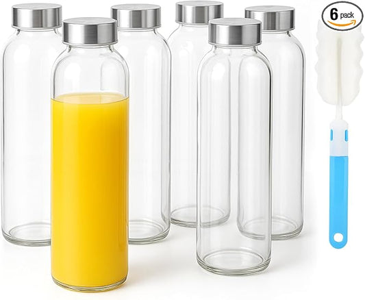 Sursip 24oz Glass Water Bottle Set of 6, Leak Proof Clear glass juice bottle for juicing, Reusable Drinking Bottles with Stainless Steel Lid, Beverage Storage Containers for Refrigerator-BPA Free