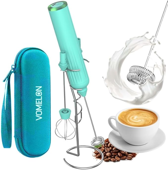 Milk Frother Handheld with 3 Stainless Steel Whisks, Rechargeable Electric Drink Mixer with Stand & Travel Case, Milk Foamer for Coffee, Latte, Cappuccino, Hot Chocolate, Egg,Jam Supplement-Mint
