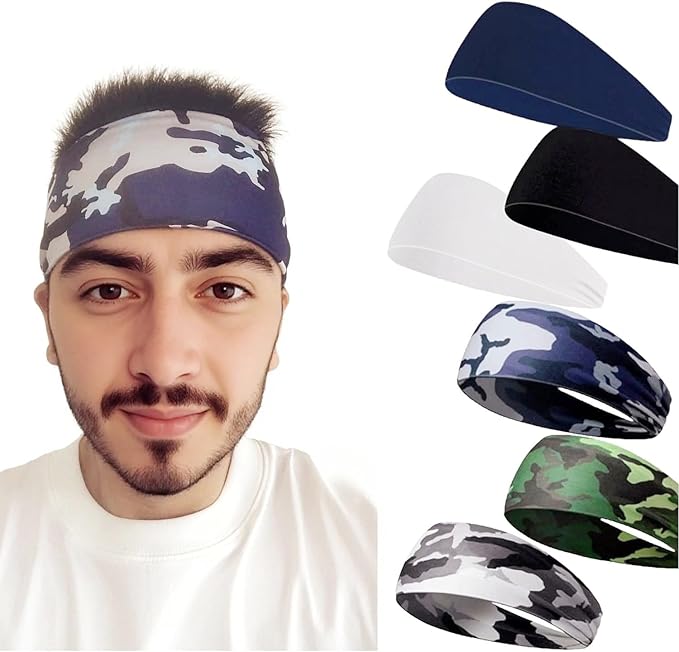 Sweat Headbands for Men,6 Pack Workout Sports Hairband for Gym, Ideal for Fitness,Running,Cycling,Hike