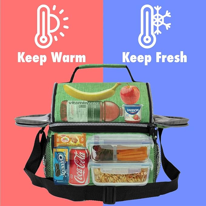opux Lunch Box for Men, Adult Lunch Box Cooler, Insulated Lunch Bag Women, Dual Compartment Lunchbox for Work, Leakproof Double Decker Lunch Bag, Soft Lunch Pail Tote Boys Girls Kids School, Green
