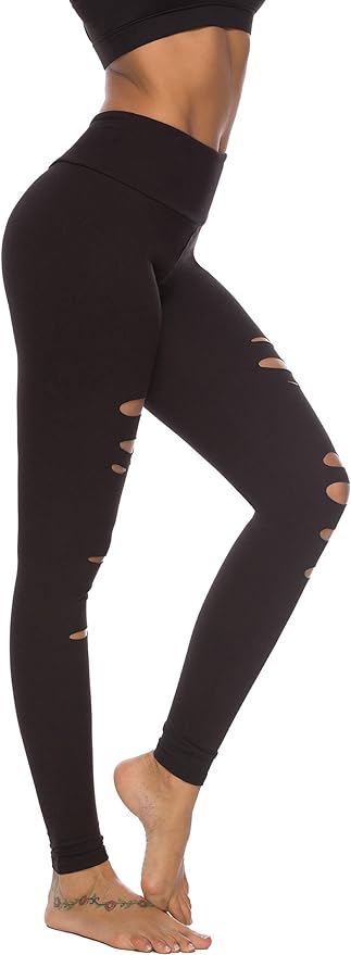 DIBAOLONG Womens High Waist Yoga Pants Cutout Ripped Tummy Control Workout Running Yoga Skinny Leggings