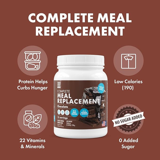 Yes You Can! Meal Replacement Shake - 20G Protein, 5G Fiber, 21 Vitamins & Minerals, 0G Added Sugar - Meal Replacement Protein Powder - Complete All-in-One Nutrition - 15 Servings (Chocolate)