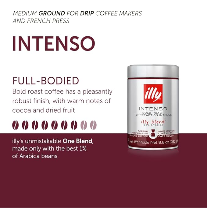 Illy Intenso Ground Drip Coffee, Bold Roast, Intense, Robust And Full Flavored With Notes Of Deep Cocoa, 100% Arabica Coffee, No Preservatives, 8.8oz (Pack Of 1)