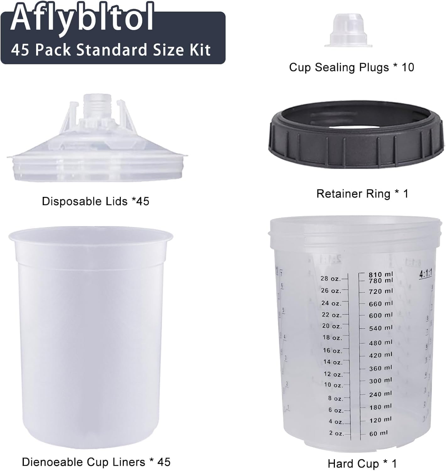 Disposable Paint Cups for Automotive Paint Gun, HVLP Paint Spray Gun 27 Ounce (800ml) Kit with 50 Cups and Lids Systerm, 1 Hard Cup with Retainer Ring and 10 Plugs