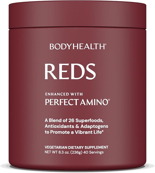BodyHealth Reds Enhanced with PerfectAmino - Daily Superfood Smoothie Powder with Antioxidants, Adaptogens, Phytonutrients, Fruit, Prebiotics, Probiotics, Fiber, and Protein - 40 Servings