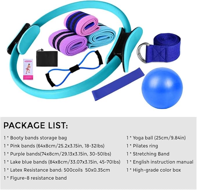 Pilates Set – Home Pilates Equipment for Women Kit with Magic Circle Pilates Ring and Ball Set, Resistance Bands & Massage Balls & Exercise Bands for Toning,Flexibility & Core Strength