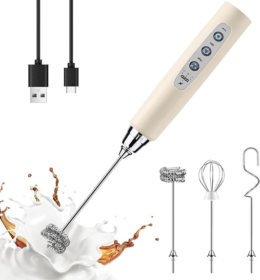 YUSWKO Beige Handheld Milk Frother Wand for Coffee, Rechargeable Electric Whisk with 3 Heads 3 Speeds Drink Mixer Coffee Frother For Latte, Cappuccino, Hot Chocolate, Egg
