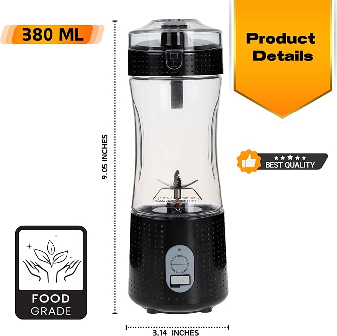 Compuaddict - Personal Blender Shakes and Smoothies 13 OZ Individual Mini Blender USB Rechargeable Fresh Juice Portable Blender Travel Blender (Black)