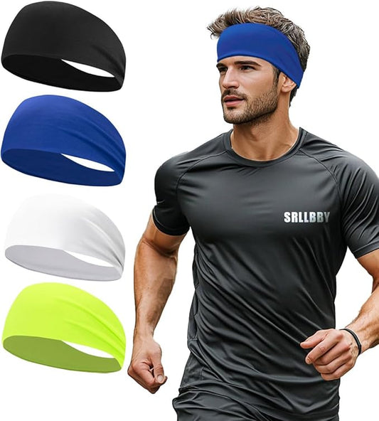 Sport Sweatbands for Men and Womem, 4 Pack, Double-Layer Workout Headbands, Sweat Wicking Hairbands for Fitness Running Football