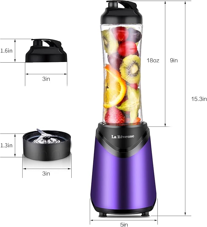 La Reveuse Smoothie Blender Personal Size 300 Watts with 2 Pieces 18 oz BPA-free Travel Sports Bottles,Purple